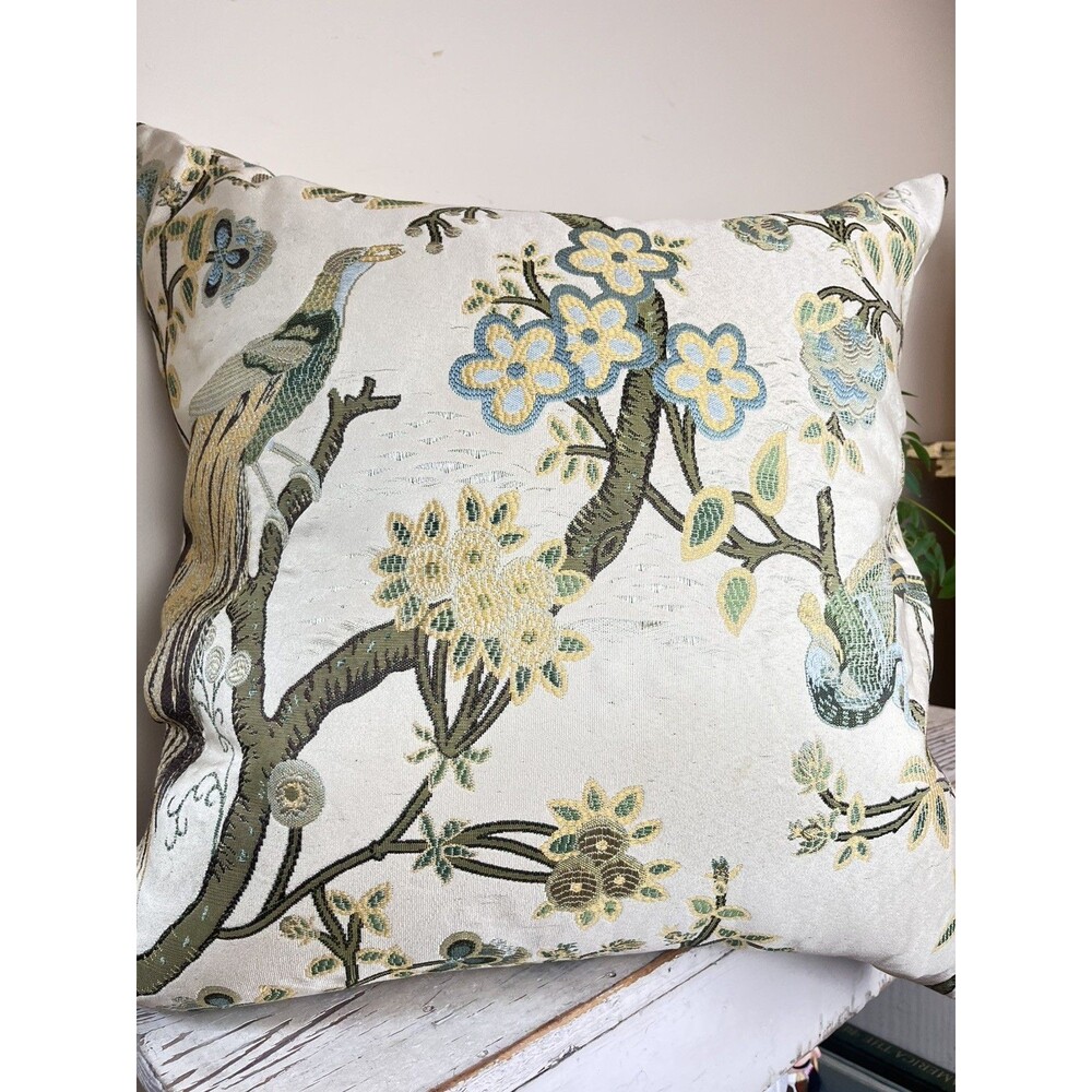 Vintage Hollywood Regency Peacock Flowers And Birds Pillow 22”x22” Estate Decor